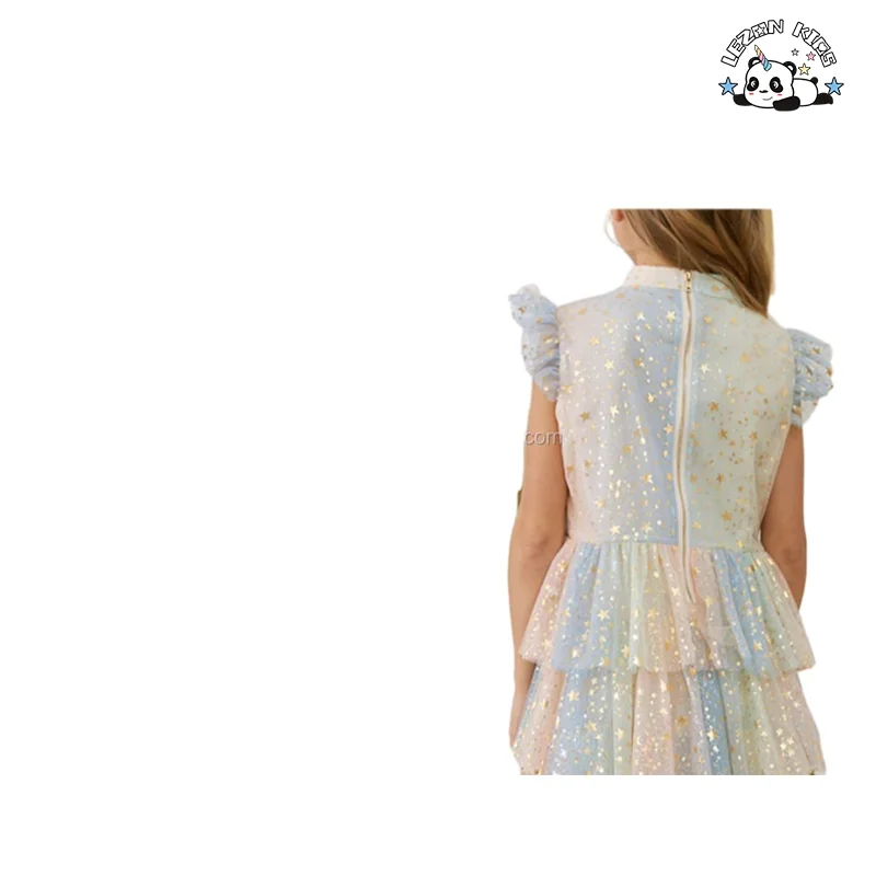 LEZONKIDS - 2024 OEM ODM Gold Star Foil Print Rainbow Bow High Collar Elegant Layers Girls Tulle Dress